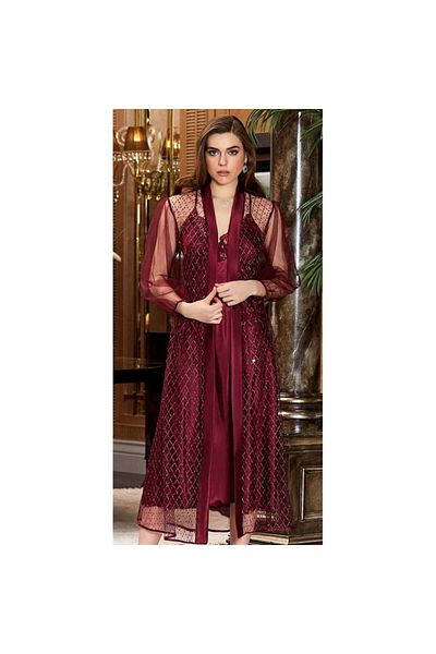 Jeremi 3039 Set cămașă de noapte lungă dublă din satin de mătase din dantelă - Roșu Claret