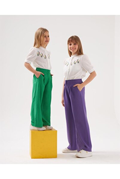 Hilal Akıncı Kids Girl's Embroidery Detailed Pearl Buttoned White Shirt Ornamental Pocket Fabric Covered Buttoned Trousers 2-Piece Jewelry