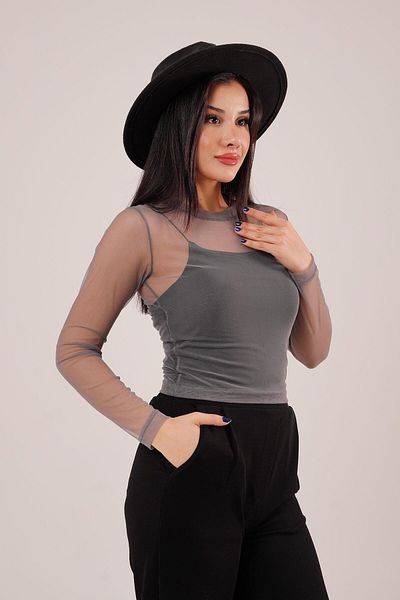 Hipo Trend Transparent Gray Tulle Basic Blouse