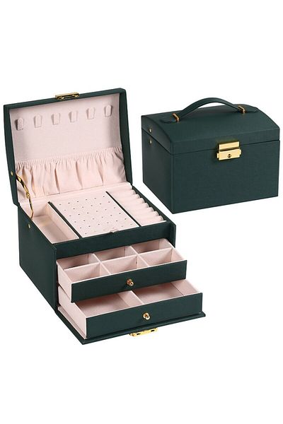 Choice Green 1pcs Multi-functional 3-layer Leather Drawer Jewelry Box Earrings Lock Storage Box