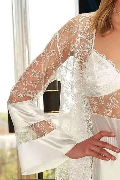 Nurteks 5374 Costum Nokturn din satin pentru femei - Dantela Ecru cu halat