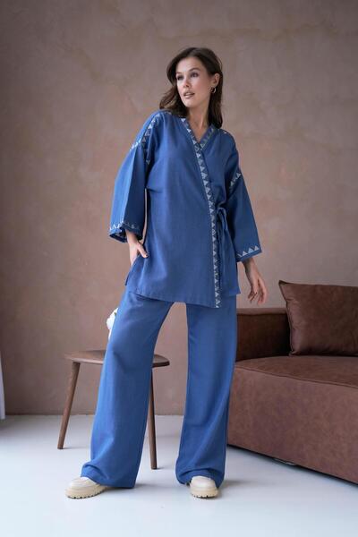 minaaise Комплект кімоно та штанів з льону кольору індиго - з вишивкою та паєтками, жіночий, 29033