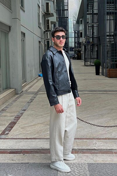 KOCCI Old Money Style Ανδρικό Oversize Vintage Biker Μαύρο Δερμάτινο Μπουφάν