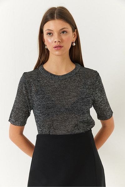 Bianco Lucci Women's Crew Neck Self-Shiny Short Sleeve T-Shirt 60261443