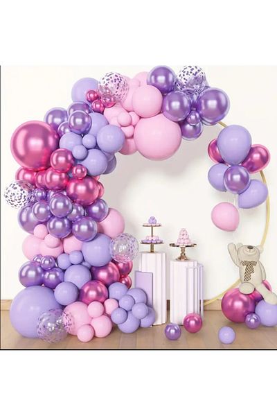 Çemrek Süs Parti Transparent Sequin Pink Lilac Purple Balloon Chain Set 100 pcs