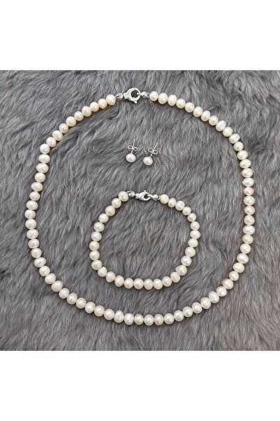 Chavin Doğal inci Kolye Küpe Bileklik 925 ayar Gümüş Set df91