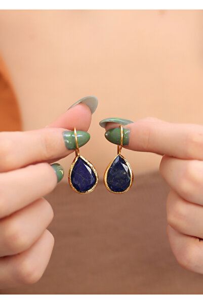 Feyz Tasarım Mavi Safir Taşlı Damla Model kesim Doğal Taş Küpe