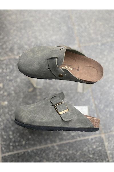 Aysun Ayakkabı Khaki Color Outer Material Skin Leather Cork Sole Closed Front Slippers