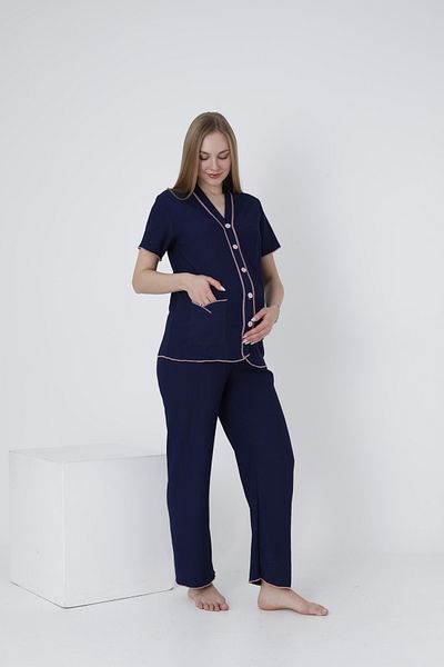 Miss Dünya Lissa Short Sleeve Maternity and Maternity Sleepwear Set with Buttoned Front Sleeves and Ruffle Detail