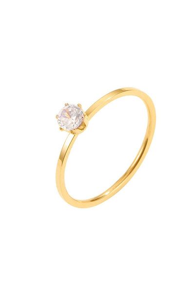 Chavin Shiny Gold Single Stone Steel Ring - 4 mm Ev31Sr