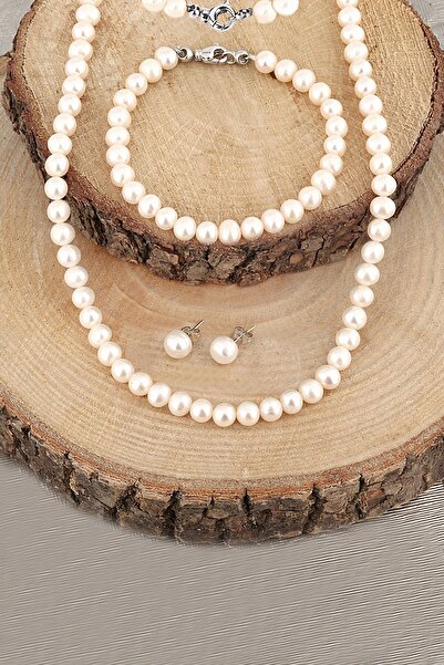 Chavin Doğal inci Kolye Küpe Bileklik 925 ayar Gümüş Set df91