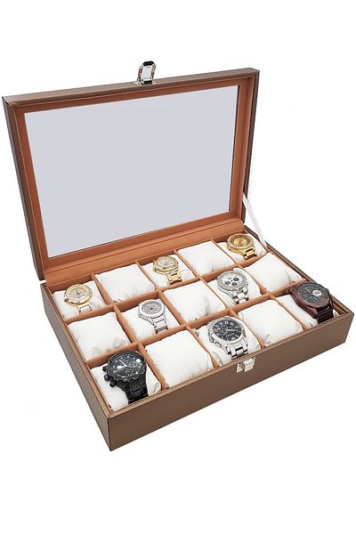 Chavin 15 Piece Diamond Bronze Leather Wooden Glass Watch Box St15-58