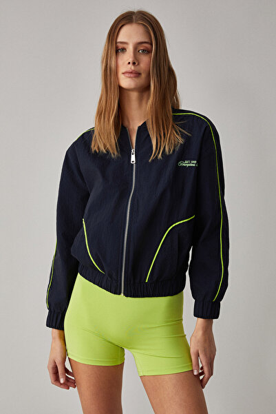 ETHIQUET سترة نسائية من MERLYAN بياقة منفوخة كبيرة الحجم وسحاب باللون الأزرق الداكن