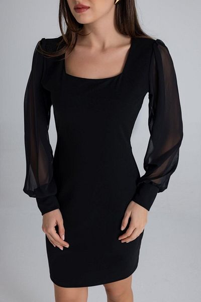 HAZEGO Women's Square Collar Sleeves Tulle Sandy Fabric Deal Product Mini Black Dress