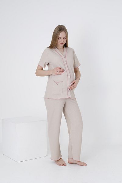 Miss Dünya Lissa Short Sleeve Maternity and Maternity Sleepwear Set with Buttoned Front Sleeves and Ruffle Detail