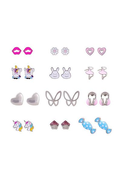 Chavin Kids Teen 12 Pairs Enameled Figure Earrings Set Es95