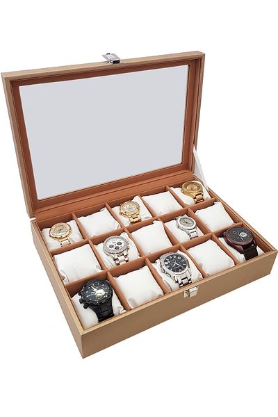 Chavin 15 Pieces Diamond Gold Leather Wooden Glass Watch Box St15-57