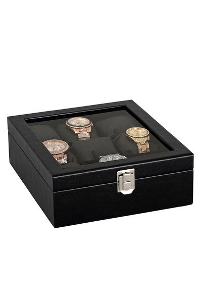 Chavin 9 Piece Wooden Black Leather Glass Covered Watch Box St9-18