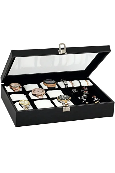 Chavin 9 Slots Leather Covered Wooden with Glass Watch and Jewelry Box St9-13