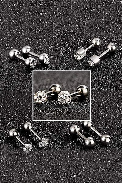 Chavin Grey Steel 5 Sets Men's Earrings Piercing with Stones Eb61By