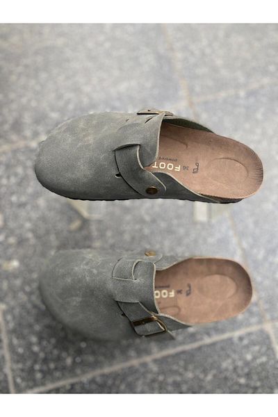 Aysun Ayakkabı Khaki Color Outer Material Skin Leather Cork Sole Closed Front Slippers