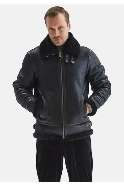 By Marki Marki Men's Genuine Nubuck Leather Pilot Coat - Black, Shearling, Buckle Neckline, 74 cm