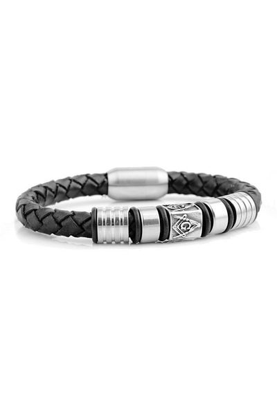 Chavin Men's Bracelet - Grey Mason Symbol, Steel and Leather, Et88
