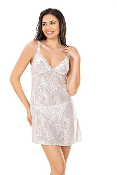 Marsilyan Ieg Lace Embroidered Ecru Jacquard Nightgown Ilkel-Mdgym457