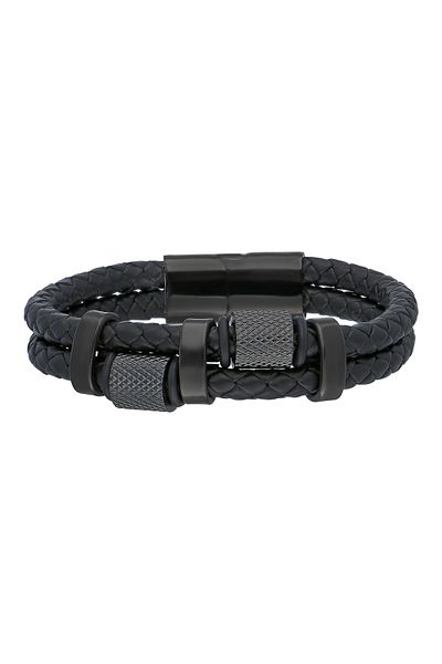 Chavin Black 2 Row Leather Steel Men's Bracelet Ec67Sy