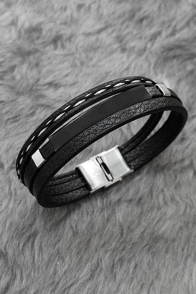 Chavin Black Steel And Leather Men's Bracelet Es32sy