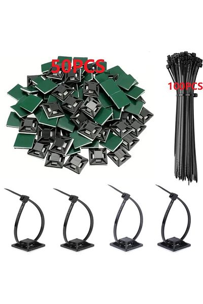 Choice Black 150 Kit 50/100/150pcs Nylon Self-adhesive Cable Ties Mount Wire Fasten Organizer Fixers Easy C