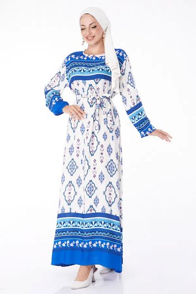 İntive Lingerie Plain Crew Neck Women's Blue Ethnic Pattern Relaxed Fit Long Sleeve Dress