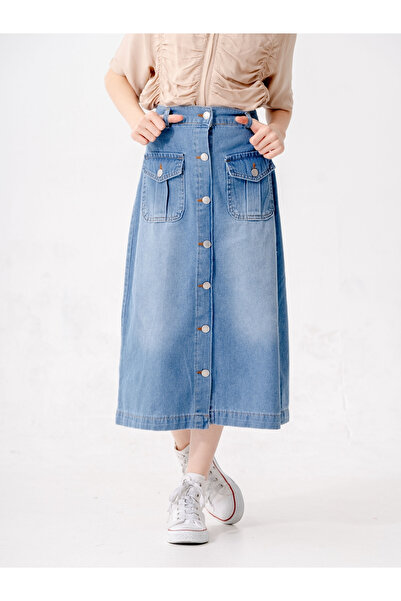GİYİCEM TEKSTİL Kız Çocuk Düğmeli Uzun Kot Etek 2605