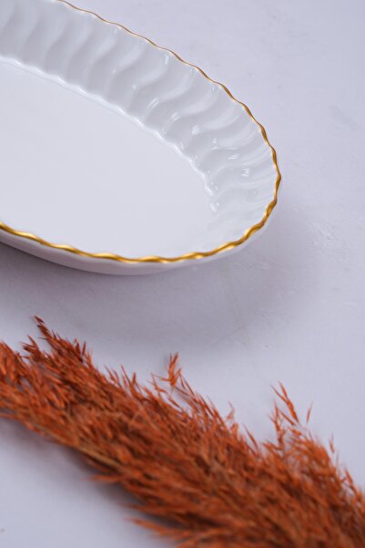 Home 2'li Beyaz Yaldızlı Oval Kayık Tabak Seti 25x15x4cm