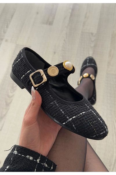 İntive Lingerie Hante Black Linen Stone Ballerina Shoes