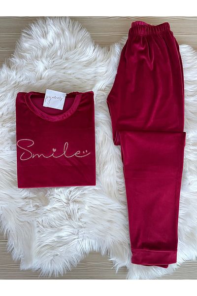 Pijamacs Women's French Velvet Pajamas Set with Plum Lettering Pattern