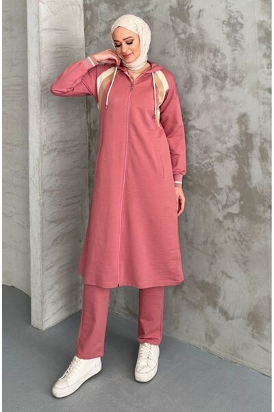 moda4b Γυναικείο Σετ Χιτζάμπ 2 τεμαχίων, ύφασμα δύο κλωστών n-05413 _ ροζ