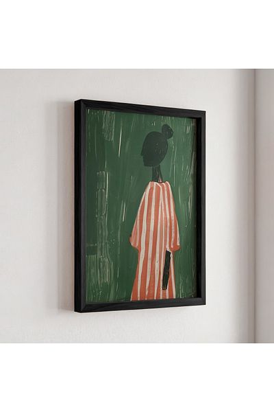 HİGUERA Pictură de perete cu cadru din lemn natural cu figura feminină minimalistă verde Tonda