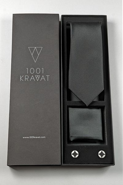 1001 Kravat Men's Gift Set with Black Handkerchief, Tie and Cufflinks