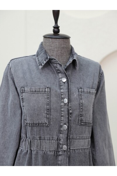 Modamorfo Καπνιστό πολύχρωμο τζιν φόρεμα με πλαϊνές τσέπες και ελαστική μέση