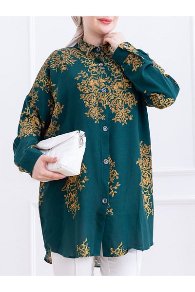 Modamorfo Patterned Buttoned Long Back Viscose Tunic - Emerald