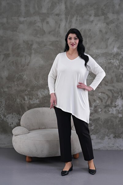 Siyezen Plus Size V-Neck Asymmetry Cutout Oversize Blouse