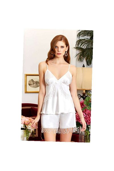 Jeremi 3172 Dowry Silk Satin Tasseled Triple Shorts Set - Cream