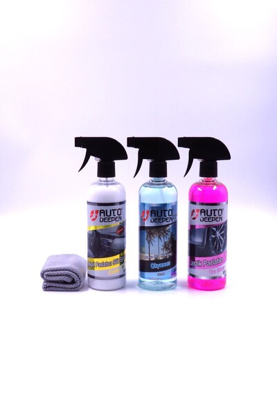 Oto Bakım Seti 3x500ml, Lastik Parlatıcı & Oto Kokusu & Kokpit Parlatıcı, Bez Hediyeli