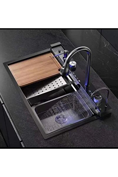 Star Piyano 5 Tuşlu Akıllı Teknolojik Siyah Nano Mutfak Evye Seti Şelale Bataryalı Ledli Ekranlı Eviye