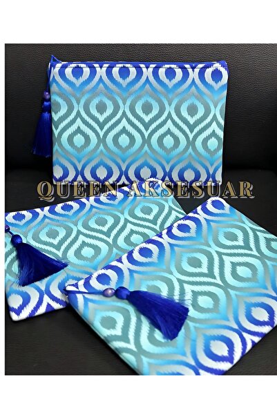 QUEEN AKSESUAR Design Authentic Blue Shades Ethnic Pattern Tassel Zipper Clutch Hand Invitation Makeup Bag