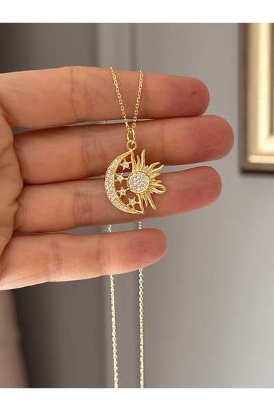 emy by emel luxury silver jewelry Altın Kaplama Taşlı Ay Yıldız Güneş Kolye 9...