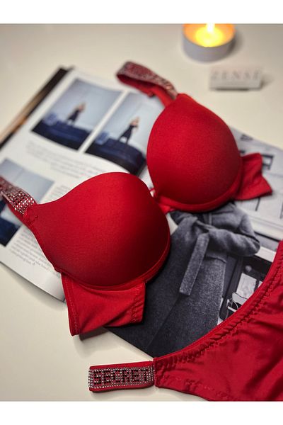 Zense Vs Red Push up Bra Set with Rhinestone B Cup