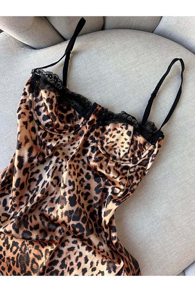 ARONA Νυχτικό Babydoll με δαντέλα στήθος με σχέδιο λεοπάρ Famsoft