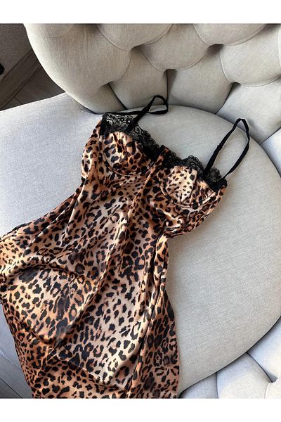 ARONA Νυχτικό Babydoll με δαντέλα στήθος με σχέδιο λεοπάρ Famsoft
